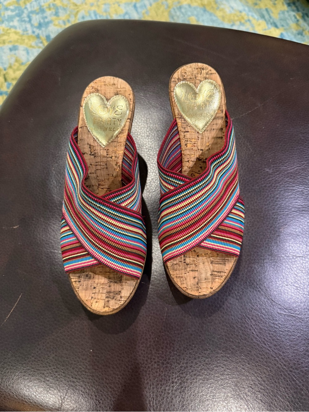 Striped Multicolor Cork Wedge Slide Sandals - Women